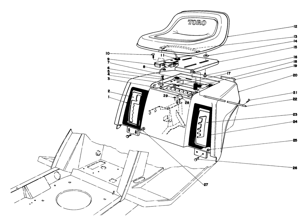 Rear Body & Seat Assembly Diagram and Parts List for 57300 1000001 - 1999999 Toro Lawn Tractor