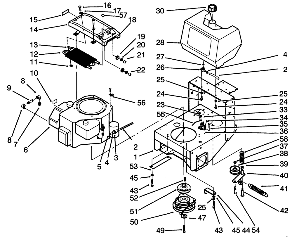 Frame, Engine, Fuel Tank, Clutch & Cooler Ass-Y Diagram and Parts List for 30185 39000001 - 39999999 Toro Lawn Tractor Accessories