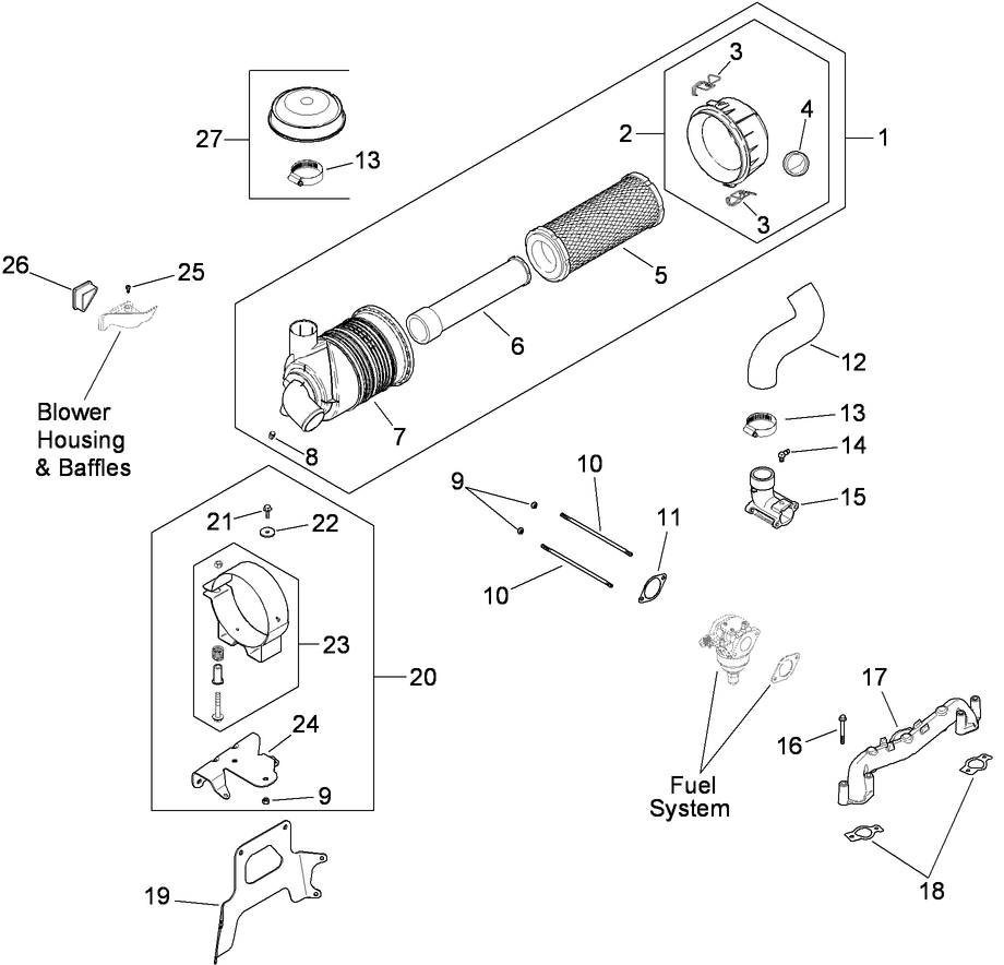 Air Intake And Filtration Assembly Diagram and Parts List for 74923TE (290000001-290999999)(2009) Toro Lawn Mower