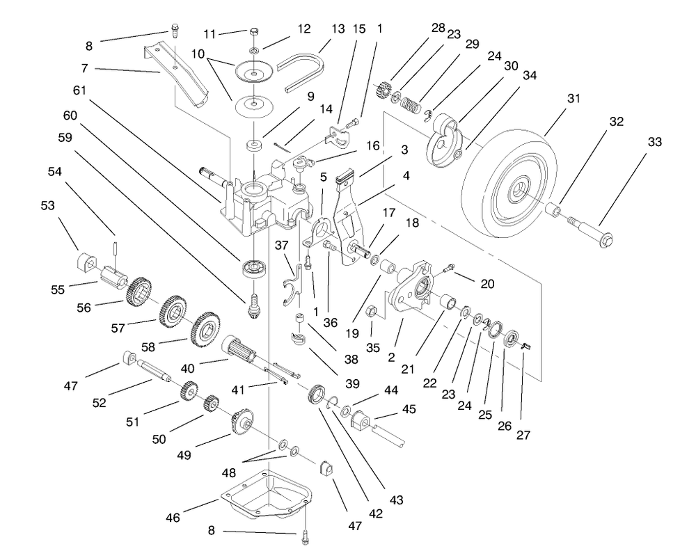 Deck Suspension & Gear Case Assembly Diagram and Parts List for 26633 7900001 - 7999999 Toro Lawn Mower