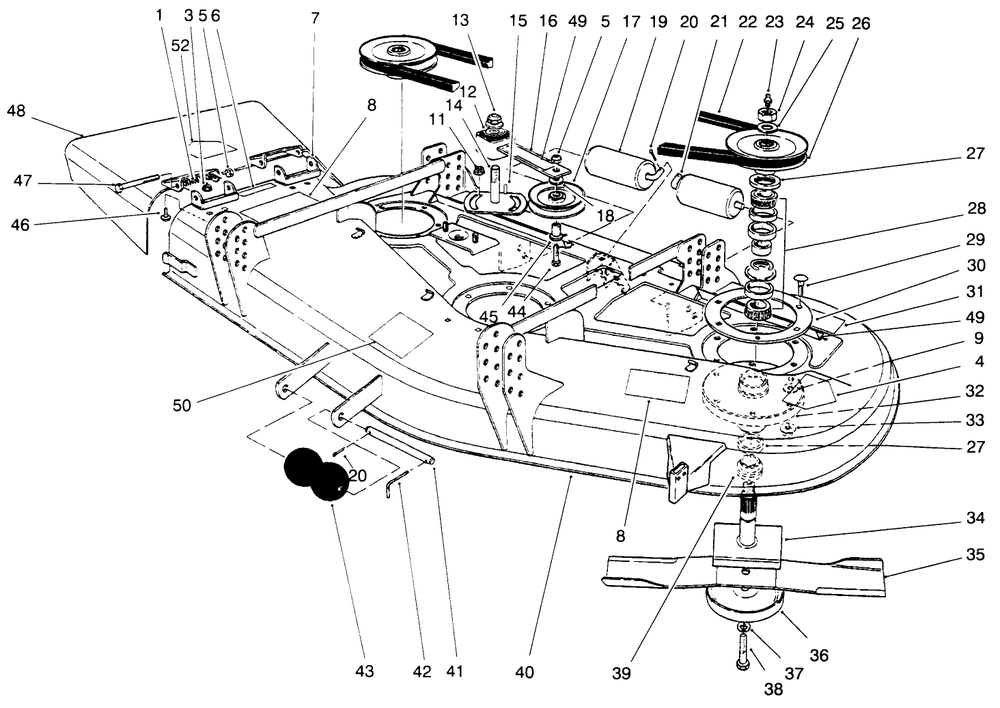 Deck And Spindle Assembly Diagram and Parts List for 30652 890001 - 899999 Toro Lawn Mower