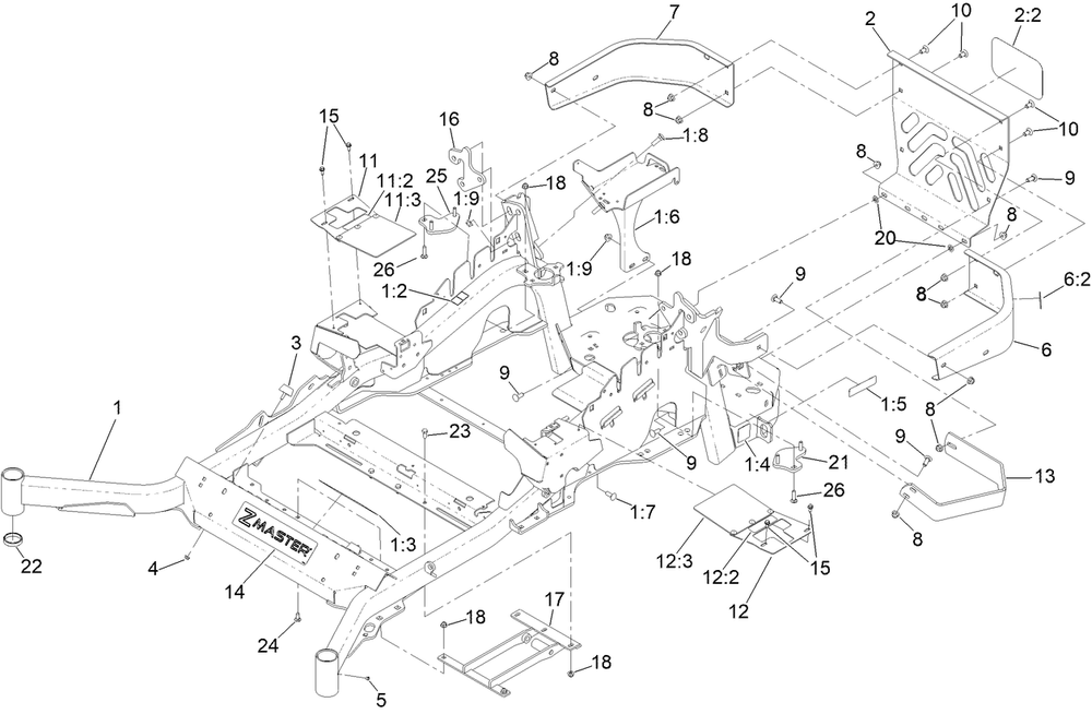 Main Frame Assembly Diagram and Parts List for 72968 412413921 - 412799999 Toro Lawn Tractor
