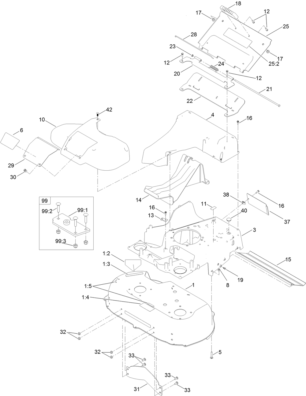 Deck, Frame And Chute Assembly Diagram and Parts List for 22225 400000000-407529999 Toro Lawn Mower
