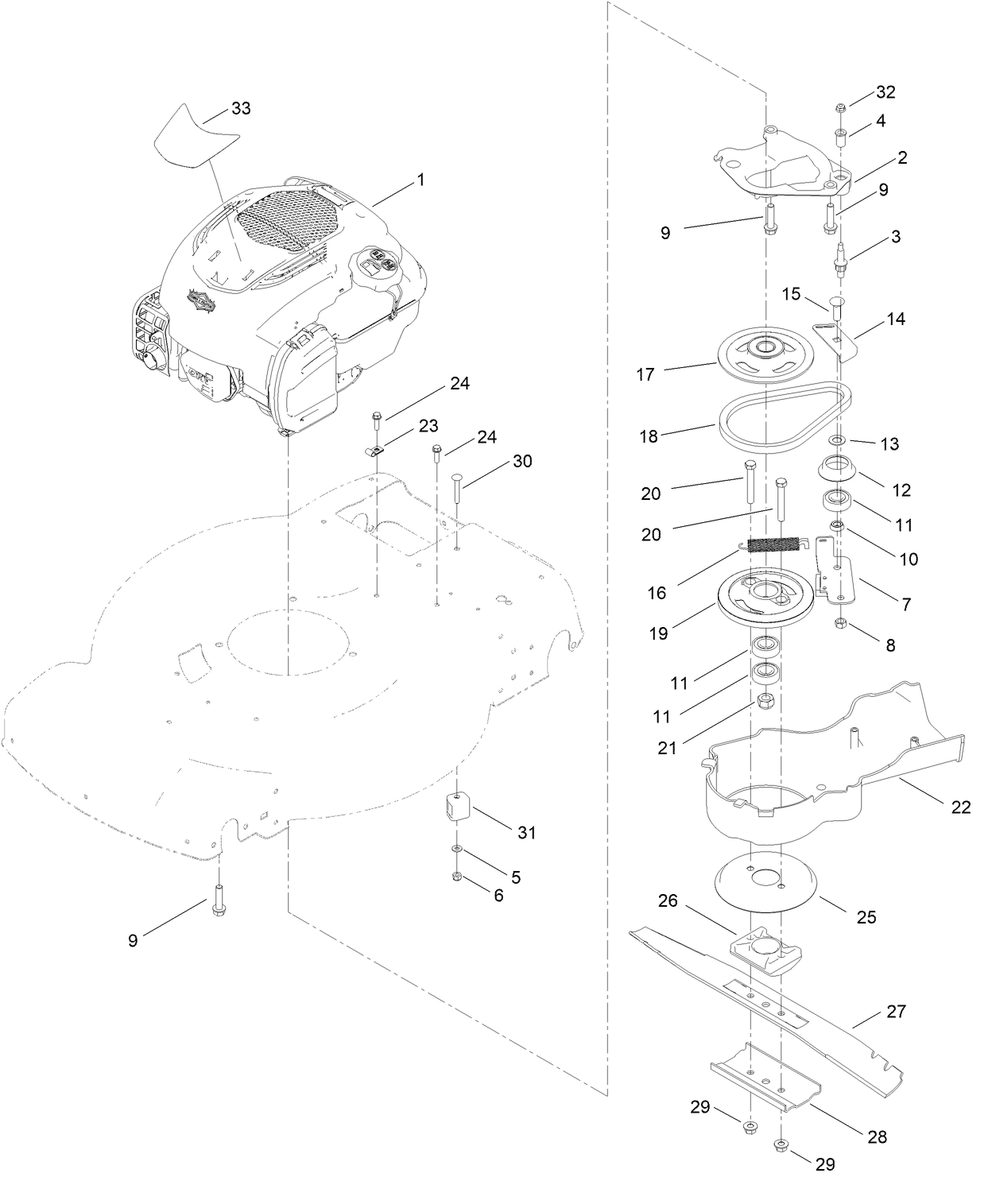 Engine And Blade Assembly Diagram and Parts List for 21772 411999881 - 999999999 Toro Lawn Mower