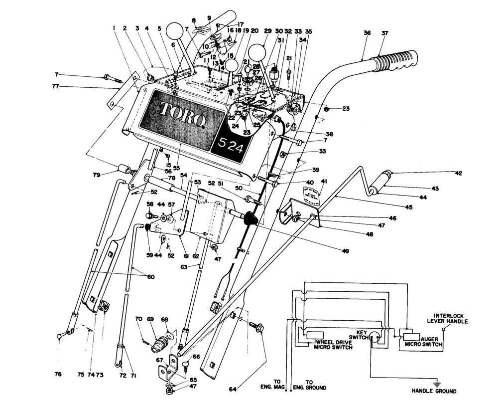 Handle Assembly Diagram and Parts List for 31625 7000001 - 7999999 Toro Snow Blower
