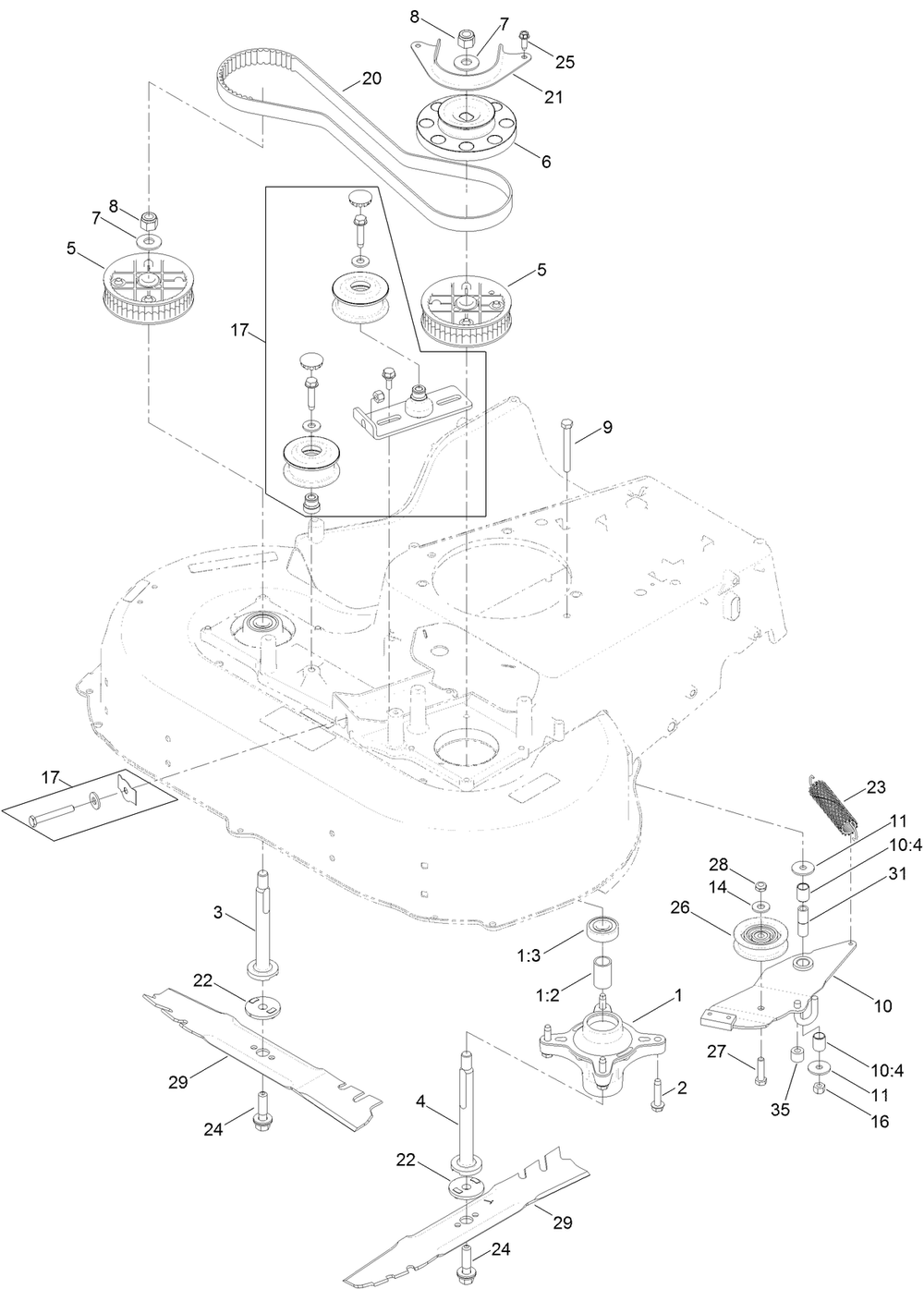 Spindle And Blade Assembly Diagram and Parts List for 22210 400000000-402099999 Toro Lawn Mower