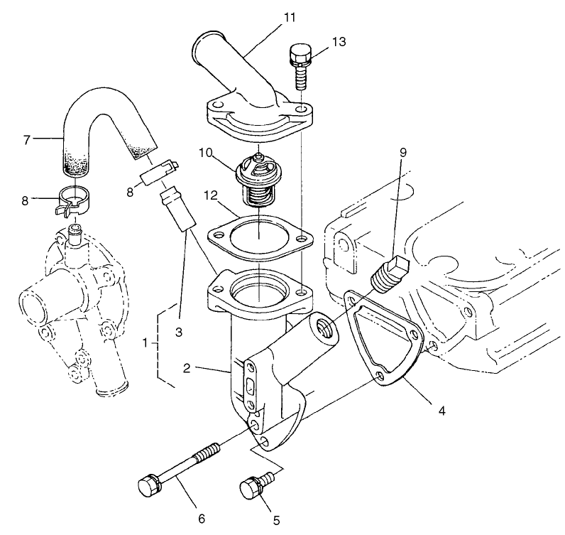Water Flange And Thermostat Assembly Diagram and Parts List for 22303TE 990001 - 999999 Toro Lawn Tractor Accessories
