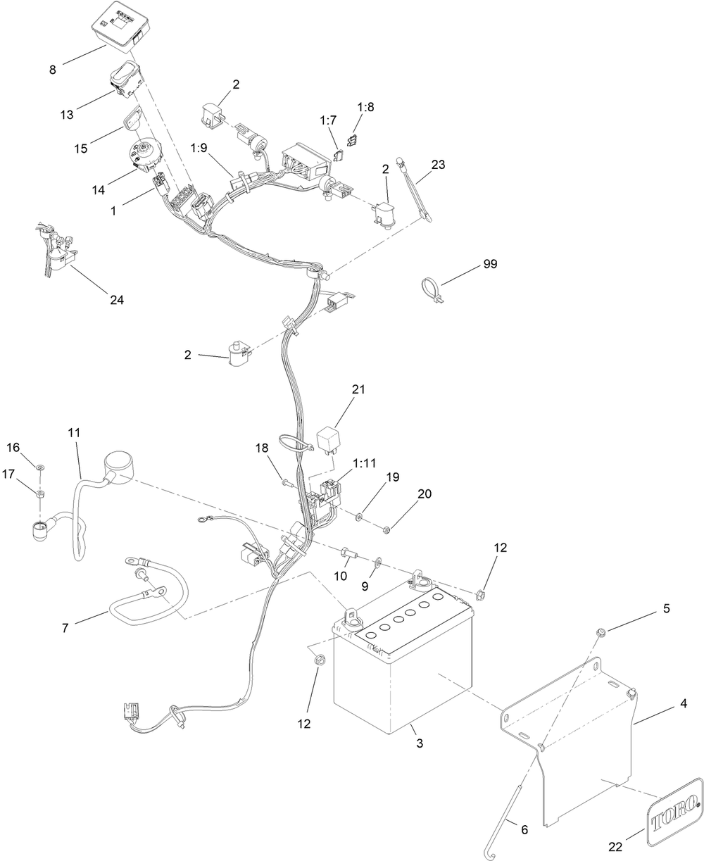 Wire Harness Assembly Diagram and Parts List for 72530 414348585 - 414427421 Toro Lawn Mower