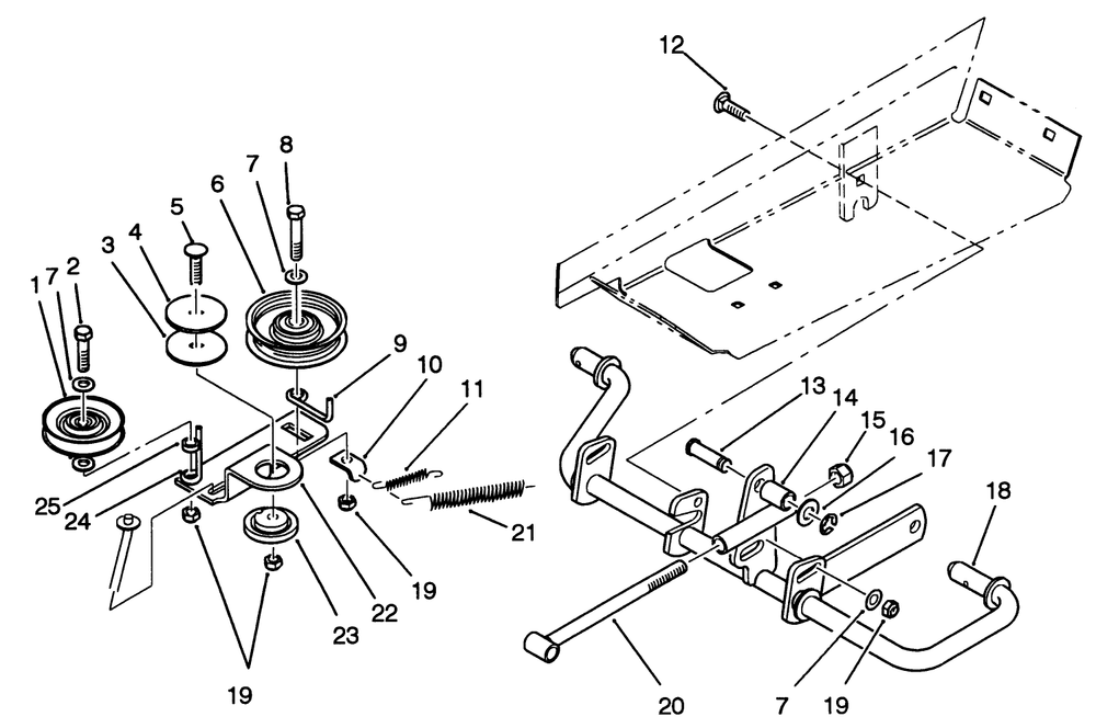 Idler And Pedal Shaft Assembly Diagram and Parts List for 22-14O502 2000001 - 2999999 Toro Lawn Tractor