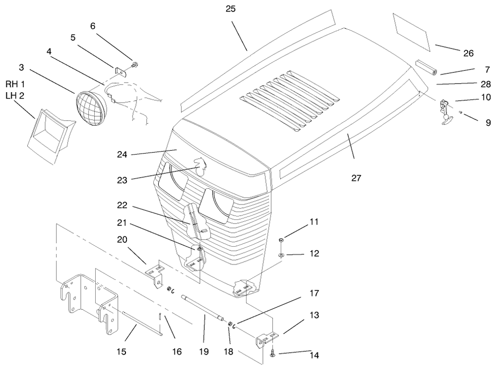 Hood Assembly Diagram and Parts List for 73423 7900001 - 7999999 Toro Lawn Tractor