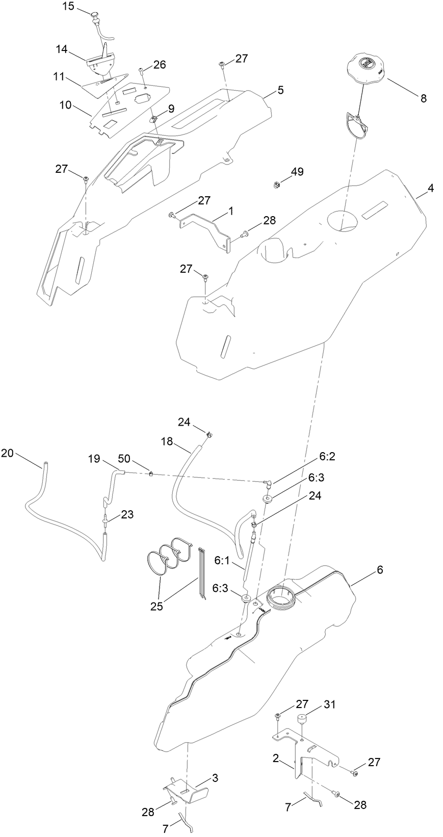 Fuel And Body Styling Assembly Diagram and Parts List for 75747 412500000 - 412599999 Toro Lawn Tractor