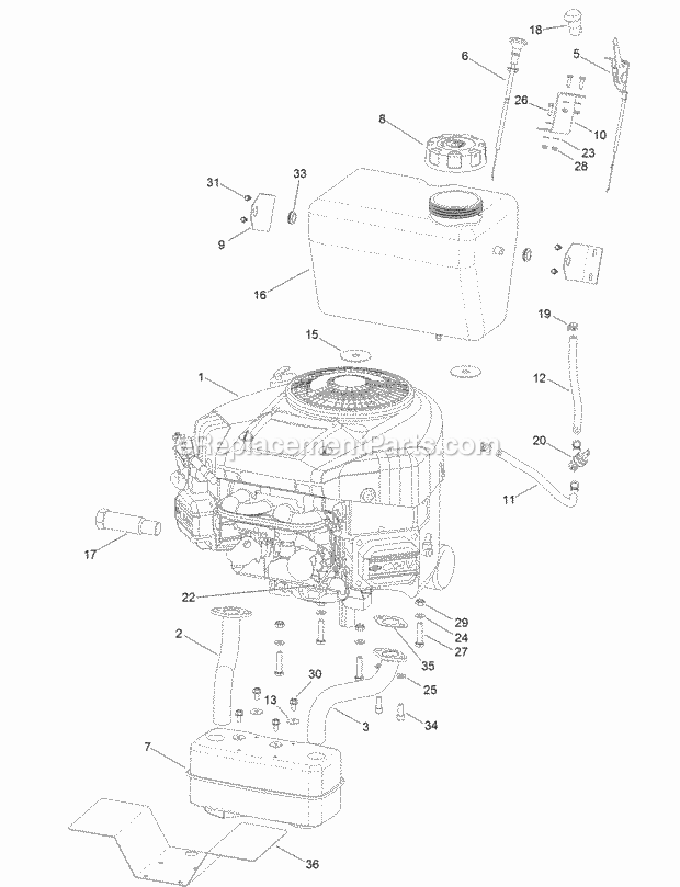 Engine And Muffler Assembly Diagram and Parts List for 74596 315000001-315999999 Toro Lawn Mower
