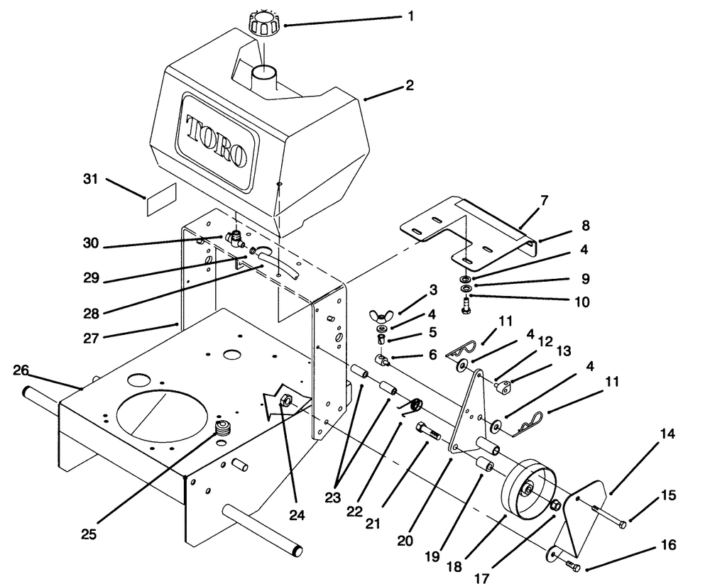 Frame, Fuel Tank And Wheel Drive Idler Diagram and Parts List for 30181 59000001 - 59999999 Toro Lawn Tractor Accessories