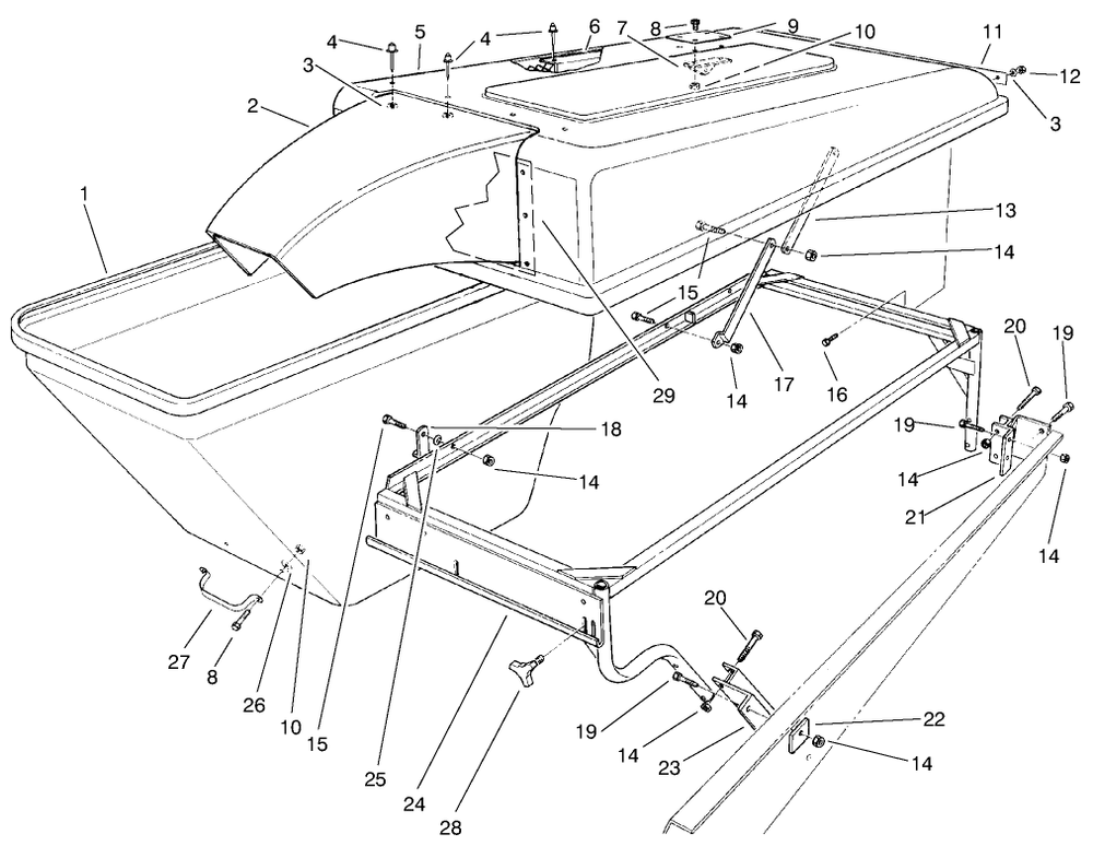 Hopper Assembly Diagram and Parts List for 30576 990001 - 999999 Toro Lawn Tractor Accessories