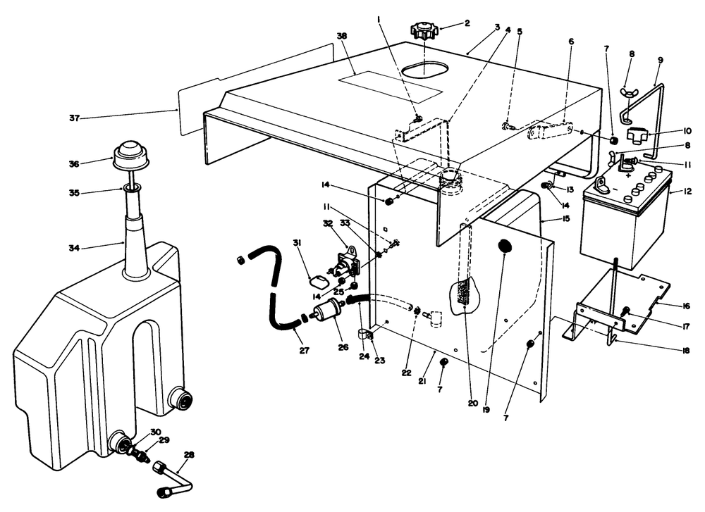 Hood-Gas & Hydraulic Tank Assembly Diagram and Parts List for 30754 0000001 - 0999999 Toro Lawn Tractor