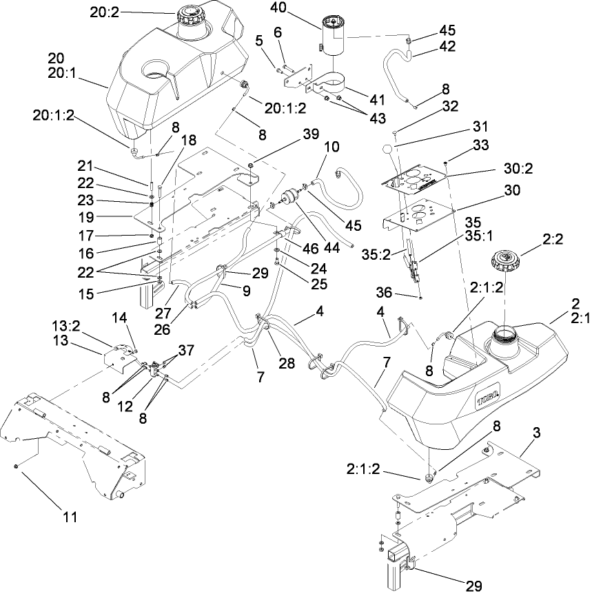 Tank And Fuel Line Assembly Diagram and Parts List for 74268CP (280000001-280999999)(2008) Toro Lawn Mower