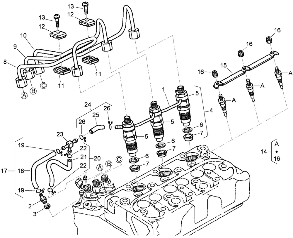 Nozzle Holder And Glow Plug Assembly Diagram and Parts List for 74264TE (310000001-310999999)(2010) Toro Lawn Mower