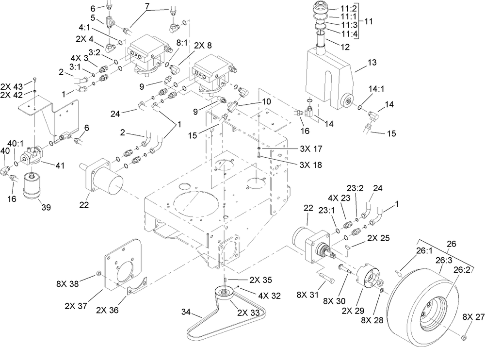 Hydraulic And Drive System Assembly Diagram and Parts List for 30299TE (260000001-260999999)(2006) Toro Lawn Mower