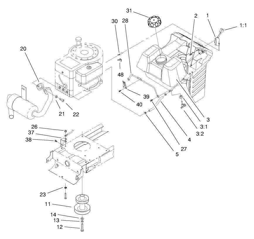 Gas Tank And Engine Pulley Assembly Diagram and Parts List for 71201 8900001 - 8999999 Toro Lawn Tractor