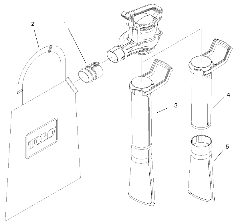 Tube And Bag Assembly Diagram and Parts List for 51568 99000001 - 99100000 Toro Leaf Blower / Vacuum