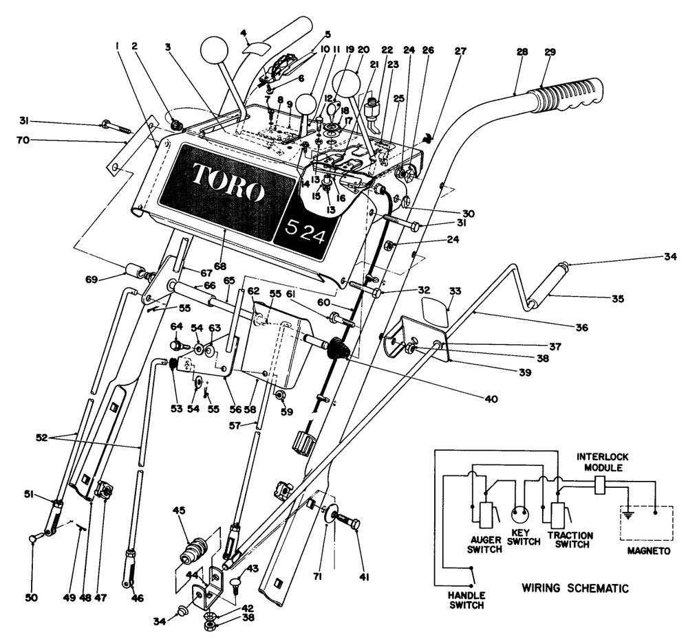 Handle Assembly Diagram and Parts List for 38040 7000001 - 7999999 Toro Snow Blower