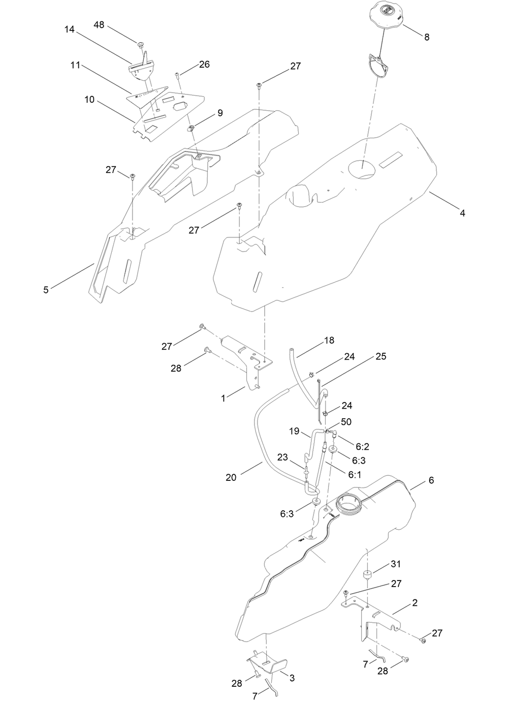 Body Styling And Fuel Pod Assembly Diagram and Parts List for 74685 409290000 - 410149999 Toro Lawn Tractor
