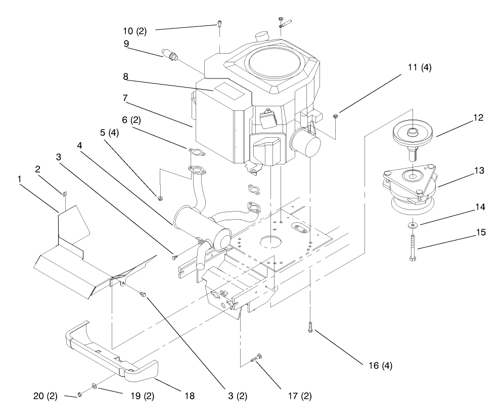 Twin Cylinder Engine, Muffler, And P.T.O. Diagram and Parts List for 72110 8900600 - 8999999 Toro Lawn Tractor