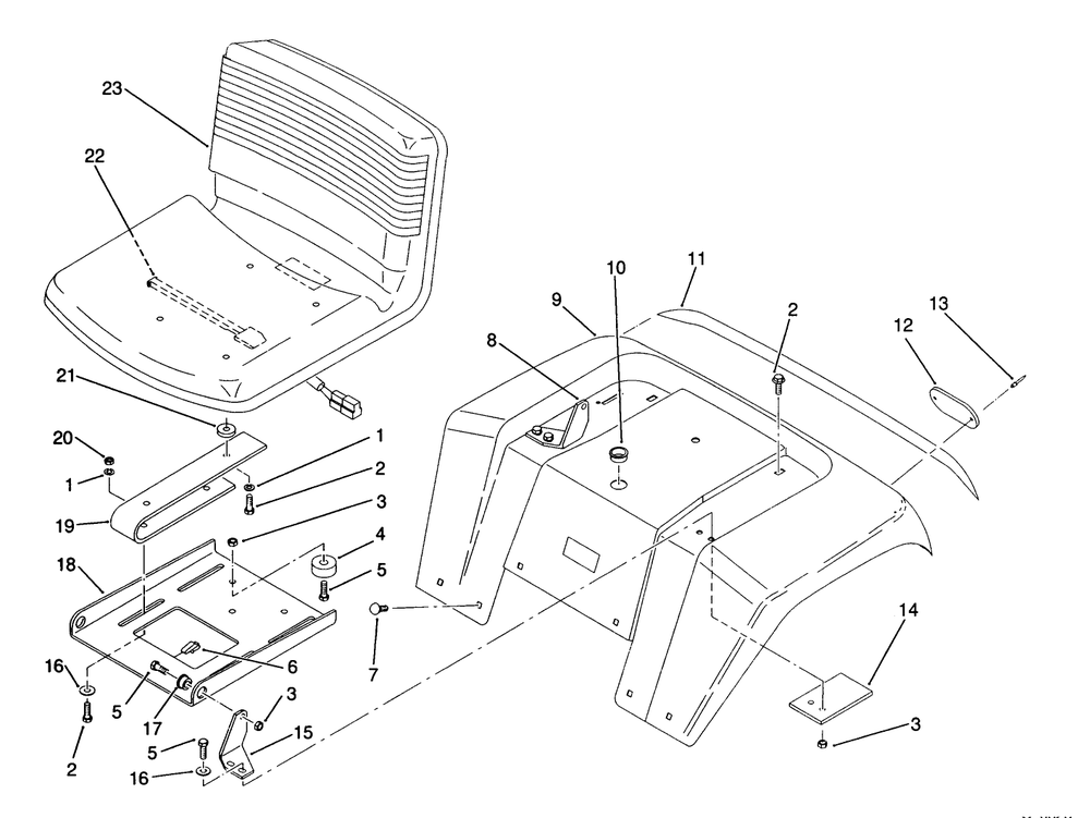 Fender And Seat Assembly Diagram and Parts List for 22-14O501 1000001 - 1999999 Toro Lawn Tractor