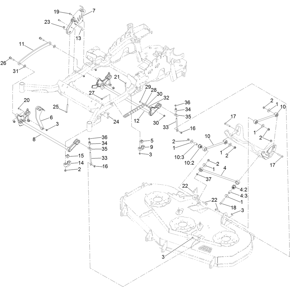 Deck Lift Assembly Diagram and Parts List for 72968 412413921 - 412799999 Toro Lawn Tractor