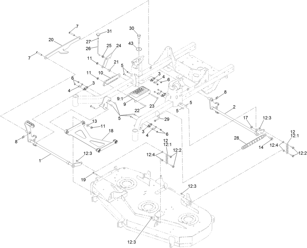 Deck Lift Assembly Diagram and Parts List for 74472 400000000-402099999 Toro Lawn Tractor