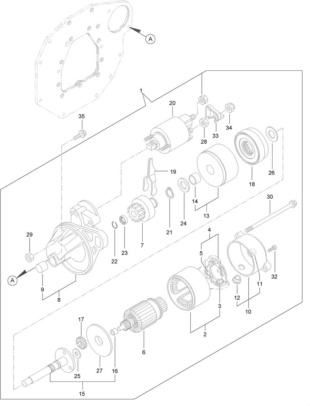 Starter Motor Assembly Diagram and Parts List for 22351 400000000 - 412899999 Toro Lawn Tractor Accessories