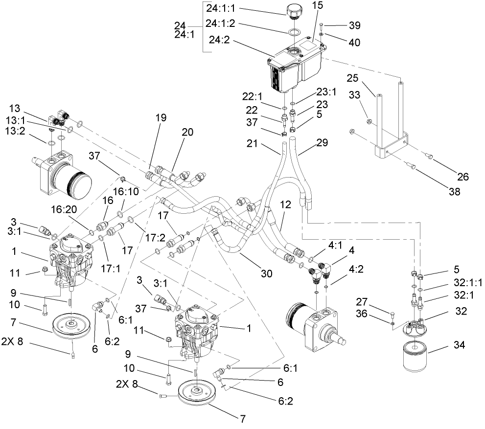 Hydraulic System Assembly Diagram and Parts List for 74410 (250000001-250005000)(2005) Toro Lawn Mower