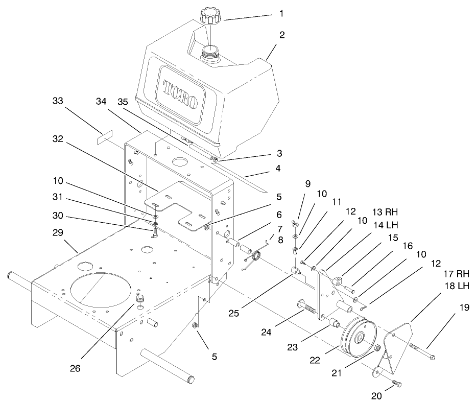 Fuel Tank & Idler Bracket Assembly Diagram and Parts List for 30183 990001 - 999999 Toro Lawn Tractor Accessories
