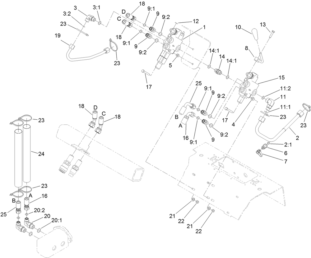 Auxiliary Valve And Selector Valve Assembly Diagram and Parts List for 22318 402000000 - 404319999 Toro Lawn Tractor Accessories