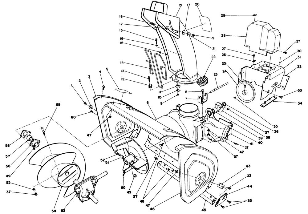Housing & Chute Assembly Diagram and Parts List for 38574 0000001 - 0999999 Toro Snow Blower