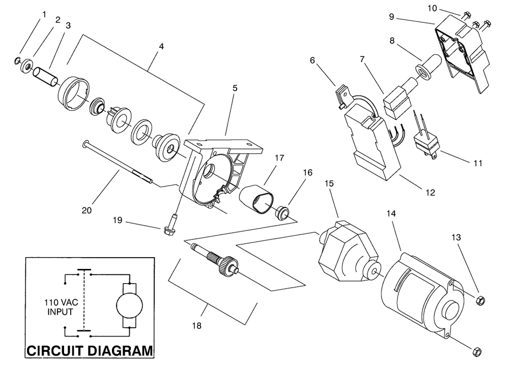 Starter Motor & Switch Housing Assembly Diagram and Parts List for 38436 7900001 - 7999999 Toro Snow Blower