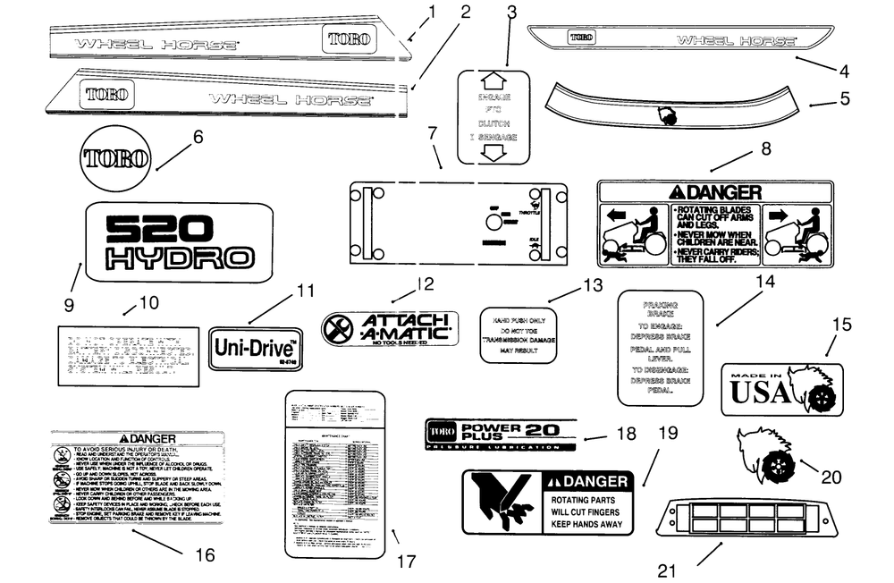 Decals Diagram and Parts List for 73501 59000412 - 59002868 Toro Lawn Tractor