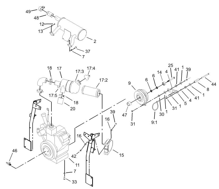 Engine, Clutch And Air Cleaner Assembly Diagram and Parts List for 74213 (230006001-230999999)(2003) Toro Lawn Mower