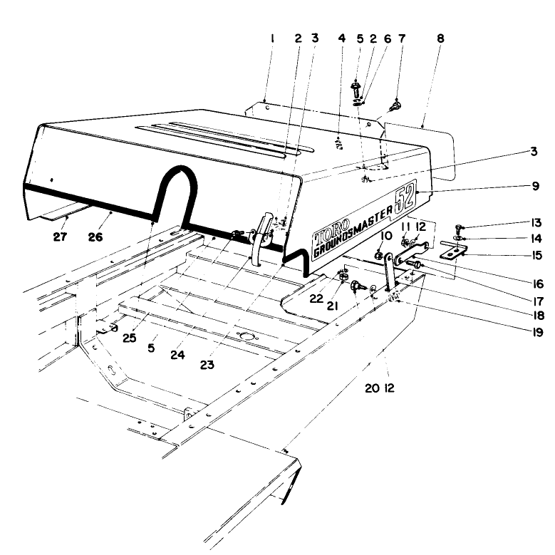 Hood Assembly Diagram and Parts List for 30775 300001 - 399999 Toro Lawn Tractor