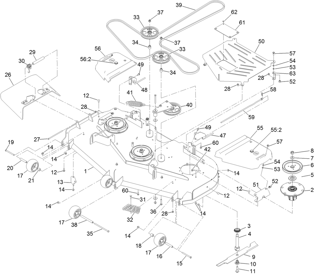 Deck Assembly Diagram and Parts List for 74056TE 409854760-409854775 Toro Lawn Tractor