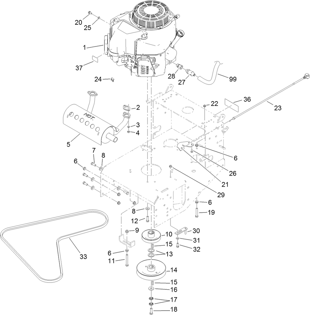 Engine And Exhaust Assembly Diagram and Parts List for 39934 (311000001-311999999)(2011) Toro Lawn Mower