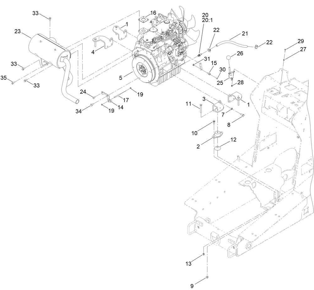 Engine Mount And Muffler Assembly Diagram and Parts List for 22327G 405800000 - 407139999 Toro Lawn Tractor Accessories