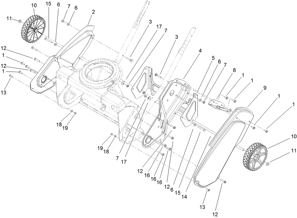 Main Frame And Wheel Assembly Diagram and Parts List for 38473 409130000 - 999999999 Toro Snow Blower
