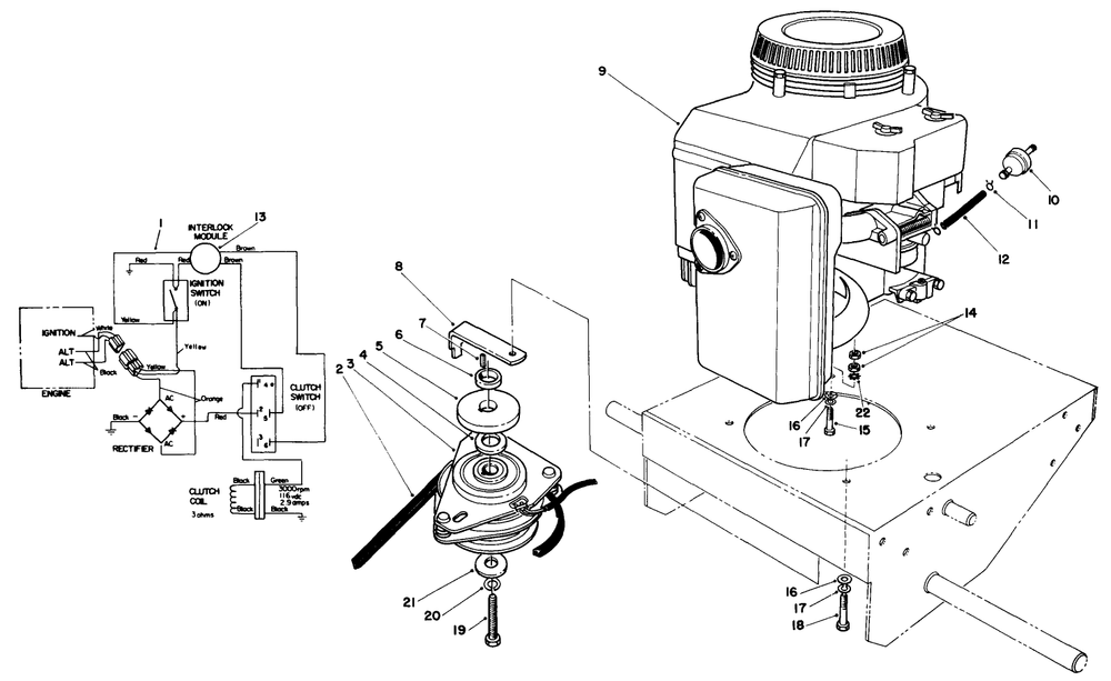 Engine And Clutch Assembly Diagram and Parts List for 30112 8000001 - 8999999 Toro Lawn Tractor Accessories