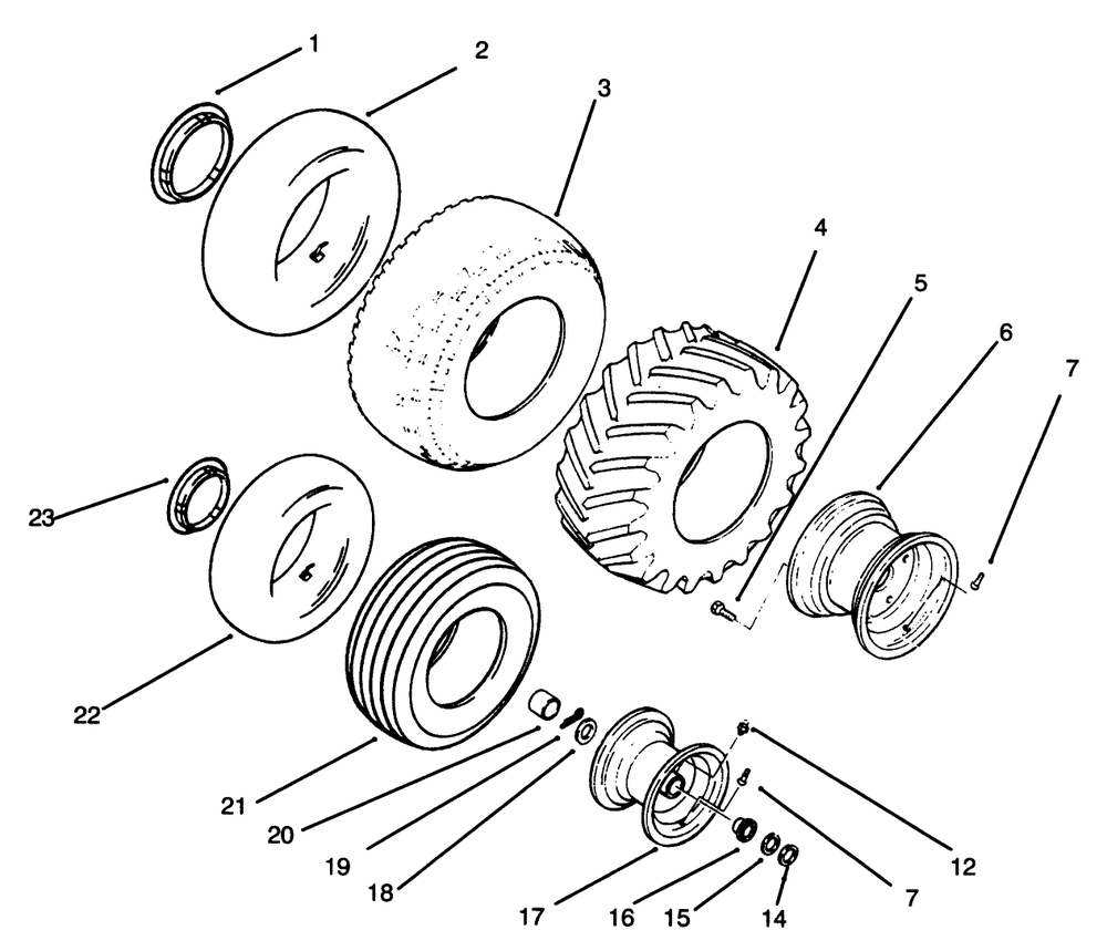 Wheels And Tires Diagram and Parts List for 73401 5901261 - 5999999 Toro Lawn Tractor