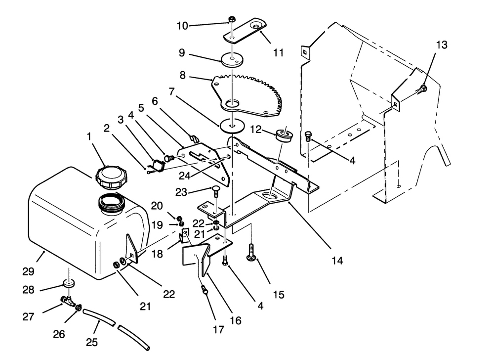 Fuel Tank And Steering Bracket Assembly Diagram and Parts List for 72081 3900001 - 3999999 Toro Lawn Tractor