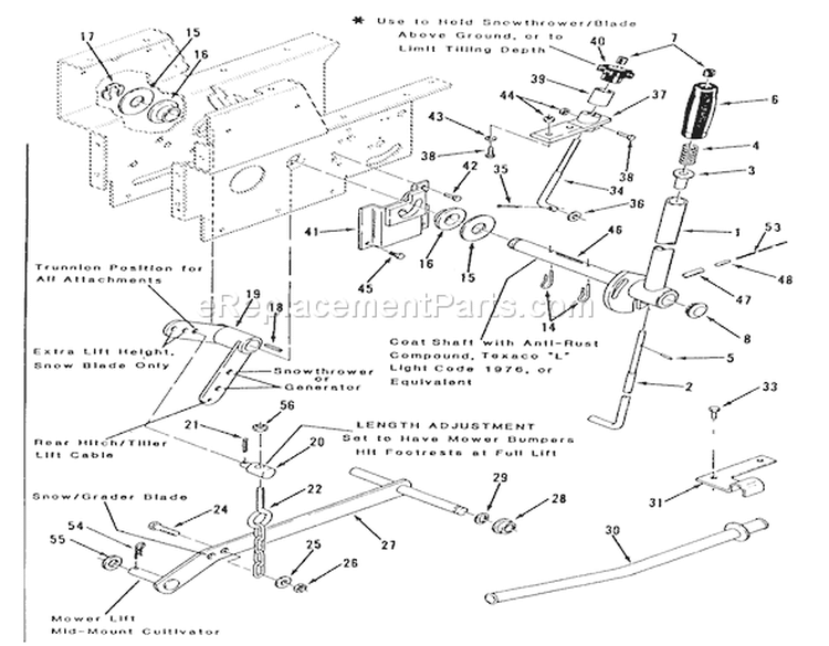 Manual Lift Linkage Diagram and Parts List for C1-12R801 1986 Toro Lawn Tractor