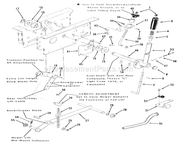 Manual Lift Linkage-516-H & 518-H Diagram and Parts List for 31-16OE01 1988 Toro Lawn Tractor