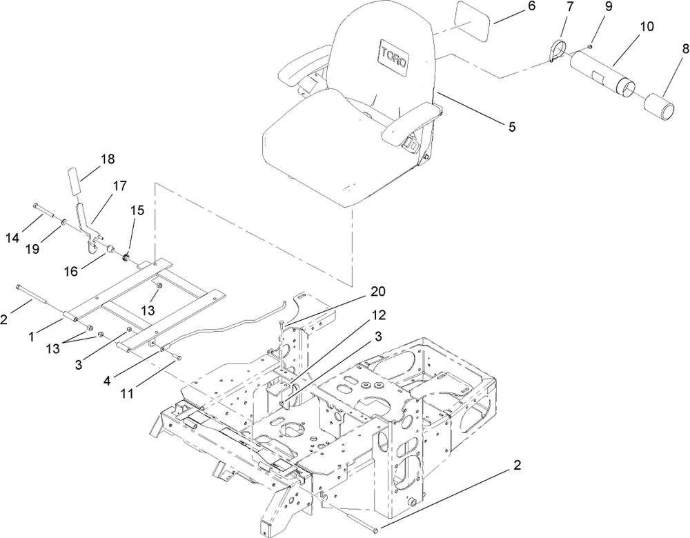 Seat And Bracket Assembly Diagram and Parts List for 74416 (260000001-260000300)(2006) Toro Lawn Mower