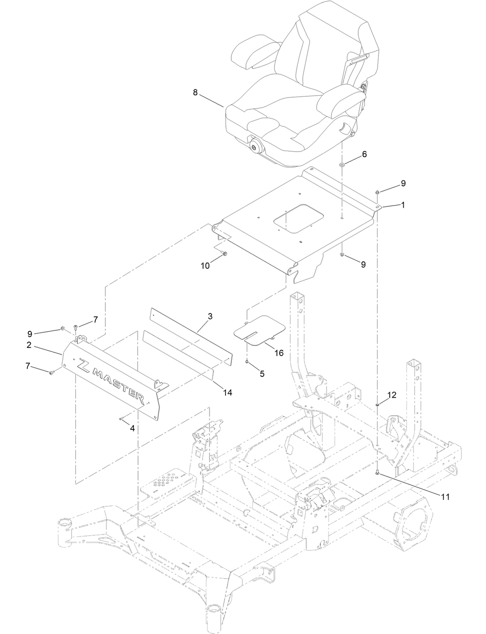 Seat Mount Assembly Diagram and Parts List for 18752 400000000 - 414889586 Toro Lawn Tractor